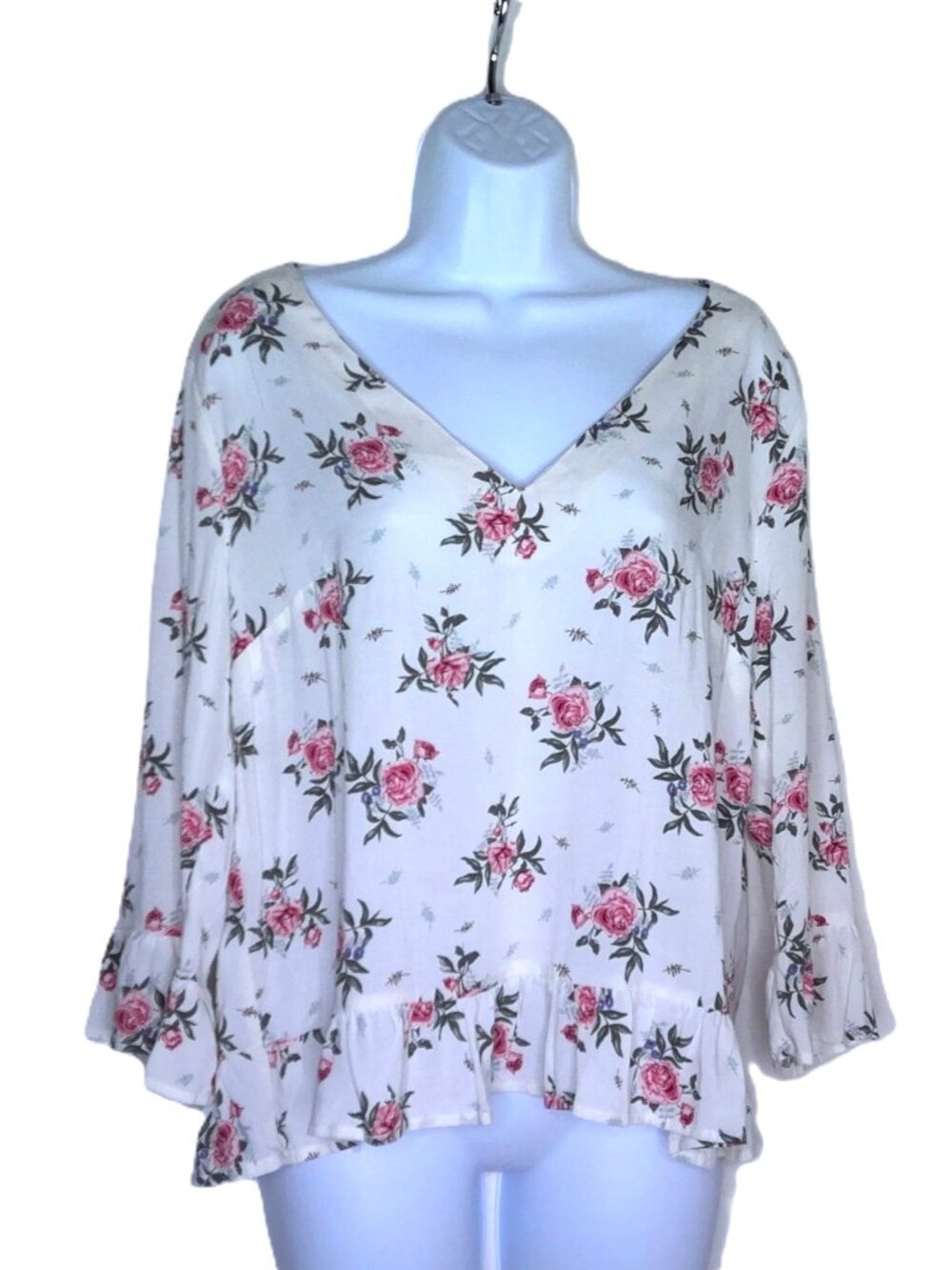 DIVIDED H&M English Rose Babydoll Top Fairy 3/4 Bell Sleeves V-Neck Flowy Sz 10